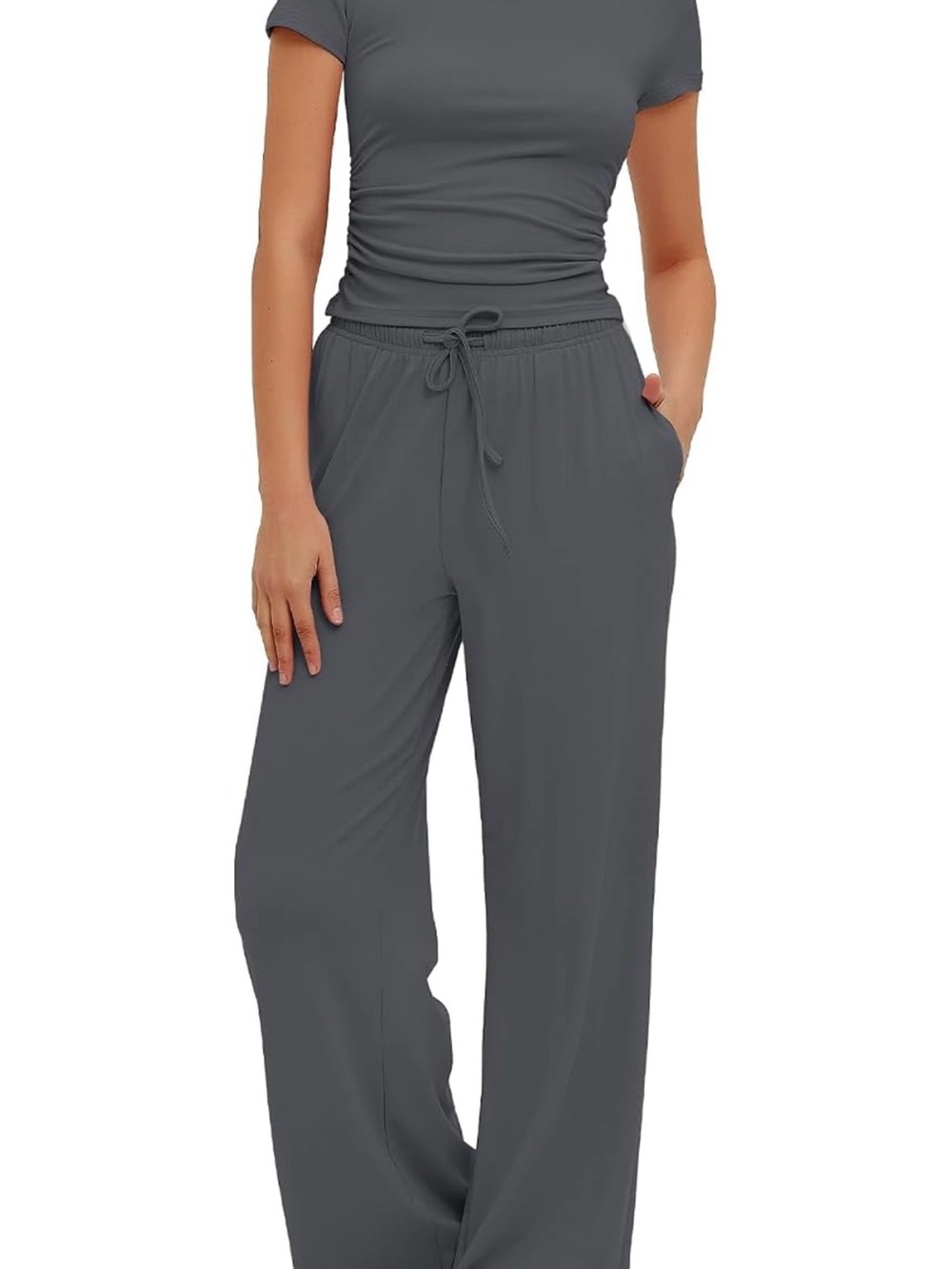 Women's Relaxed Wide-Leg Drawstring 2 piece loungewear set - Gray